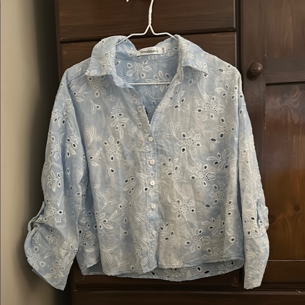 Light Blue Eyelet Button-Up Shirt